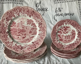English Red / Pink Transferware Plates - J & G Meakin - Romantic England