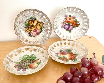 Vintage Reticulated Porcelain Fruit Dishes, Gold Speckled Trinket Bowls, Set of 4