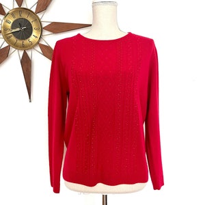 Vintage 1990s Red Beaded Knit Sweater with Eyelets and Cables by Classic Elements Petite, Soft Cozy Oversize Crew Neck Non Wool Sweater, PS