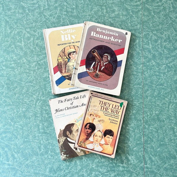 Vintage Children's Biography Book Lot of 4 Books, 1970s Kids Paperbacks & Hardcovers, Nellie Bly, Benjamin Banneker, Hans Christian Andersen