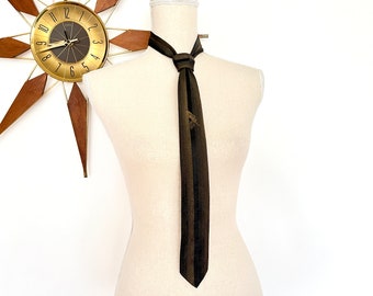 Vintage 1960s Golden Olive Green & Black Iridescent Skinny Tie, Mod Striped Necktie with Wheat Motif, Men's Retro Accessory, Neckwear Gift