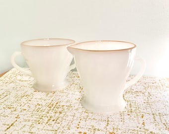 Vintage Anchor Hocking Milk Glass Sugar and Creamer Set, Gold Rim