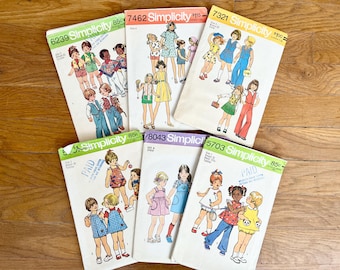 Vintage 1970s Children&#39;s Sewing Patterns, Simplicity 5531 8043 6239 7462 5703 7321 Your Choice, Retro Kids Dresses Rompers Pants Ponchos