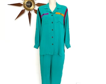 Vintage 90s Teal Rayon Blouse & Pants Set, Colorblock Oversize Flowy Outfit, M