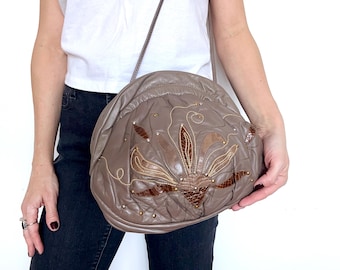 Vintage 80s Brown Leather Patchwork Shoulder Bag With Gold Studs