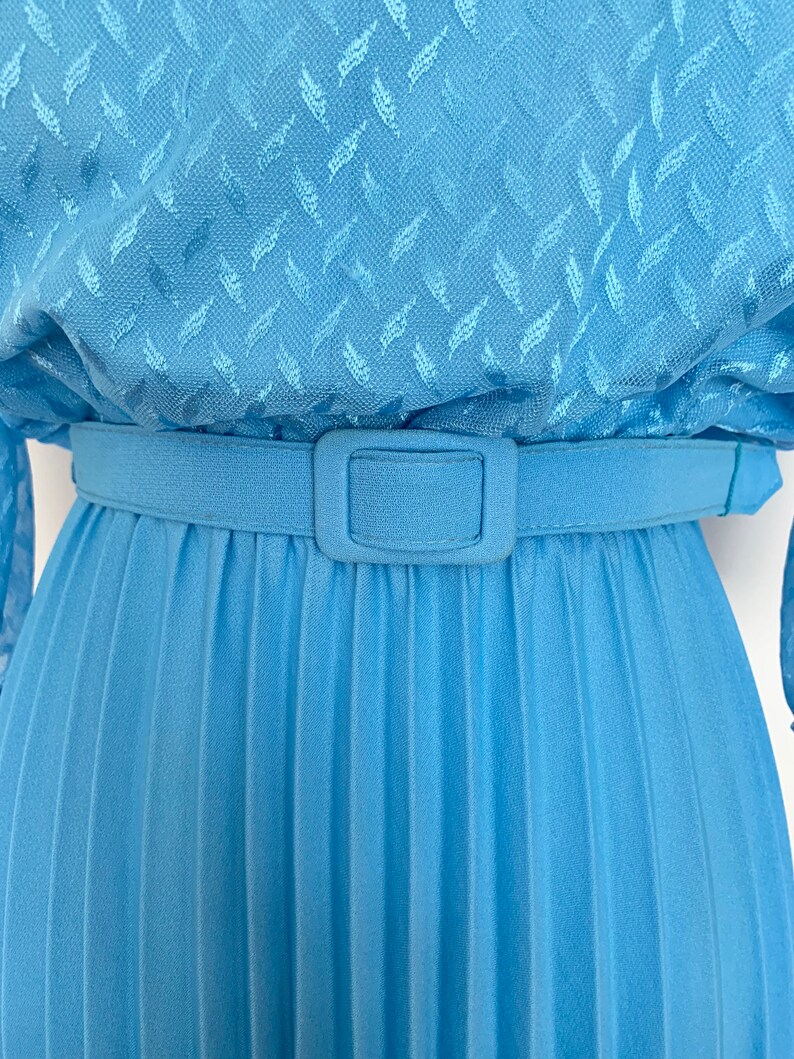 Vintage 1970s Sky Blue Polyester Blouson Midi Dress with Sheer Sleeves, Pleated Skirt, & Matching Belt by Ms. Claire New York, Retro Dress L image 6