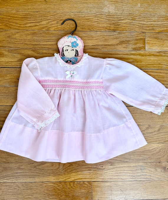 Vintage 1970s Pale Pink Baby Girl Long Sleeved Dr… - image 9