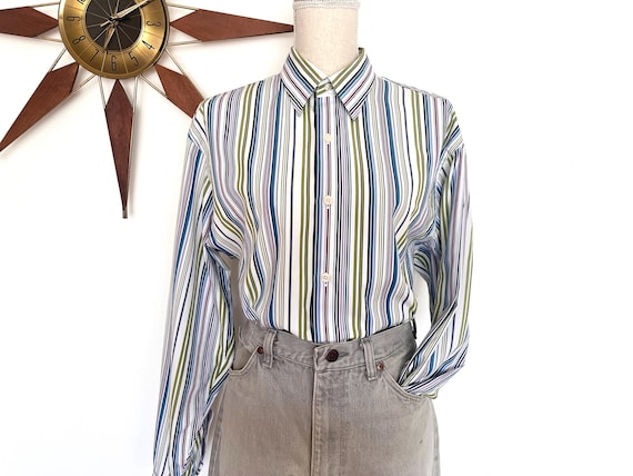J.Crew, Vintage 1990s J. Crew Men's Striped Button Down Shirt, Blue & Green Cotton Long Sleeve, M