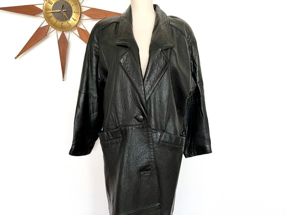Vintage 1980s Black Leather Long Coat by G-III, Exaggerated