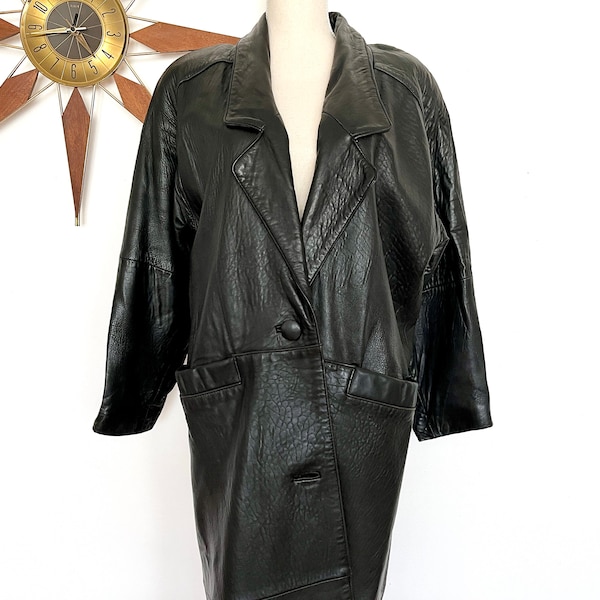 Vintage 1980s Black Leather Long Coat by G-III, Exaggerated Shoulder Dolman Sleeve Single Breasted Midi Jacket, Rocker Goth Overcoat, S/M