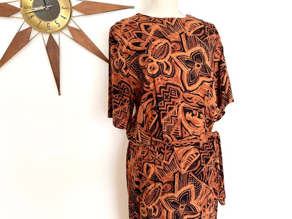 Vintage 1990s Brown & Black Floral Batik Print Fa… - image 5