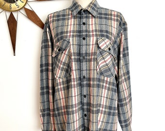 Vintage 1980s Sears Blue Plaid Wool Blend Shacket, Retro Flannel Shirt XL