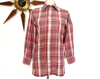 Vintage 1980s Red Plaid Button Down Shirt, Via Europa Preppy Oxford (Men's Small)
