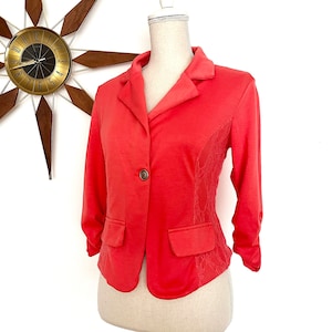 Vintage 1990s Coral Stretch Soft Blazer with Ruched Sleeves and Lace Side Panels by Wet Seal, Shrunken Blazer, Spring Summer Light Jacket, S