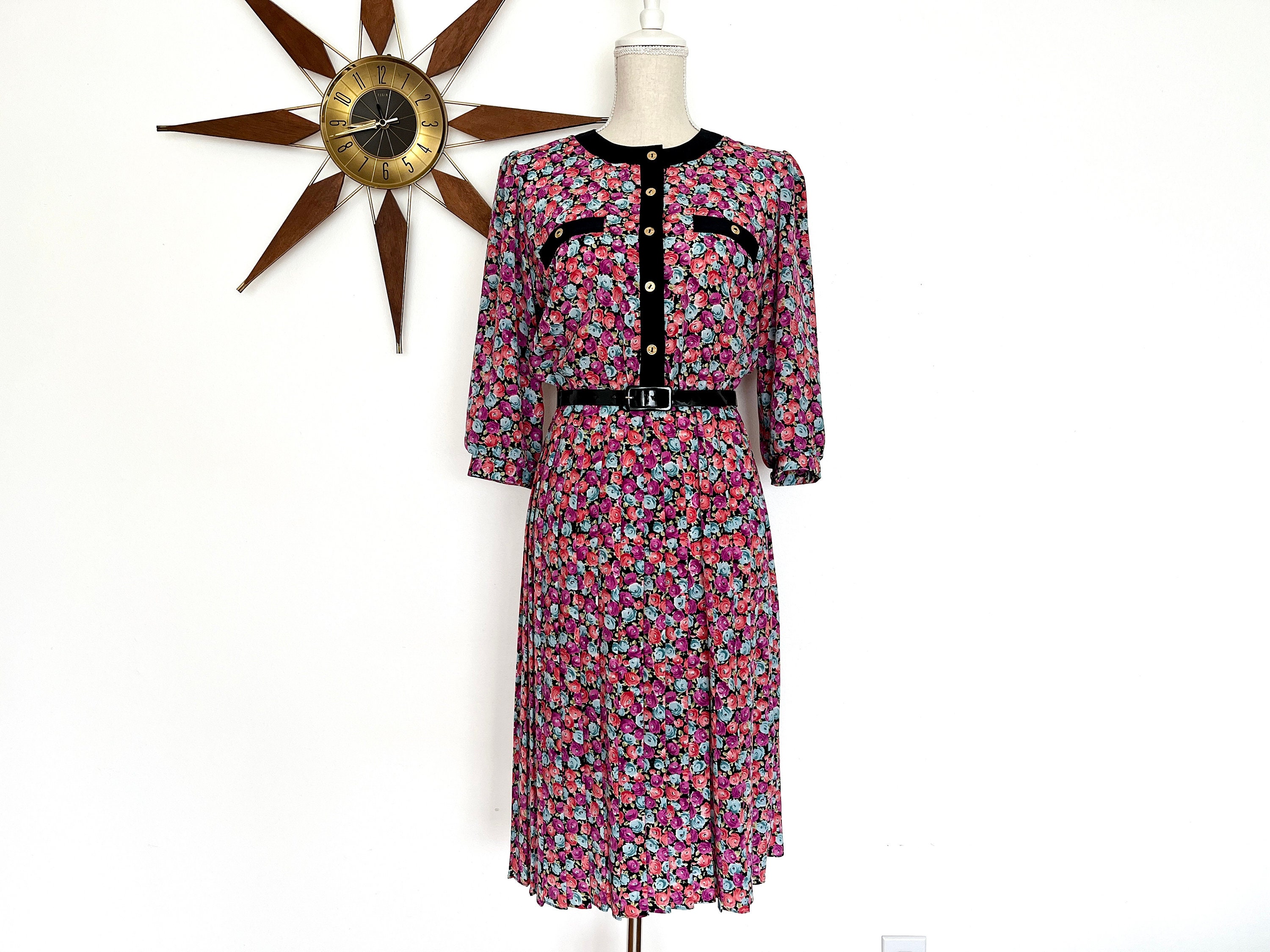 Vintage 80\'s Breli Original‎ Green & Purple Floral Belted Dress Size:12 80s Floral Wrap Dress | S-M - Lucky Vintage main image 3