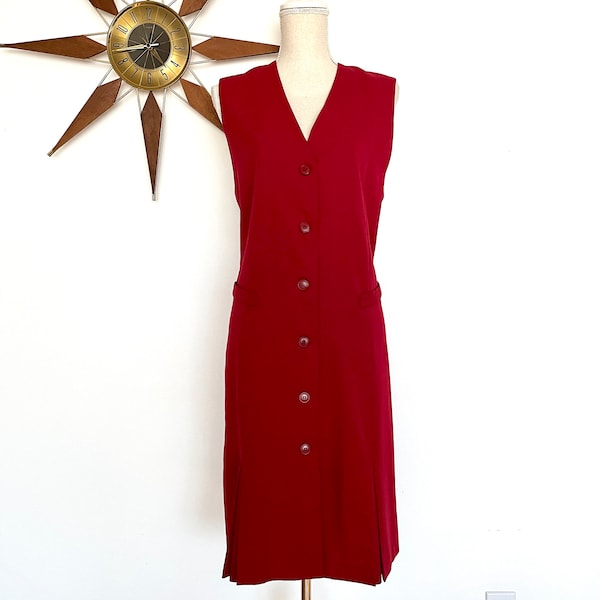 Vintage 1990s Dark Red Wool Blend Sleeveless Button Front Dress by Norton McNaughton, Minimalist Chic Long Vest with Pleats, Pinafore, M