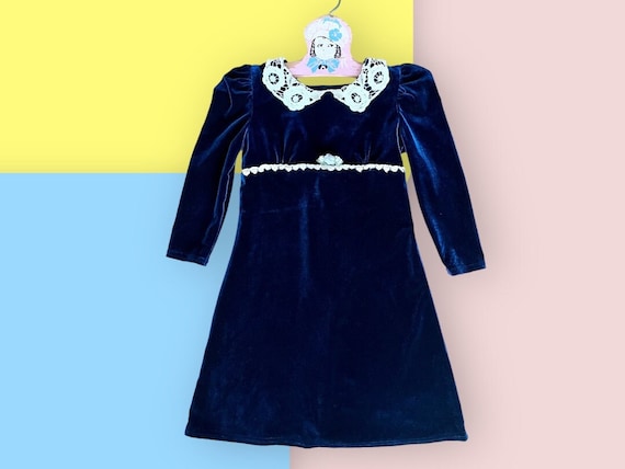 Vintage 1990s Girls Navy Blue Stretch Velvet Dres… - image 1