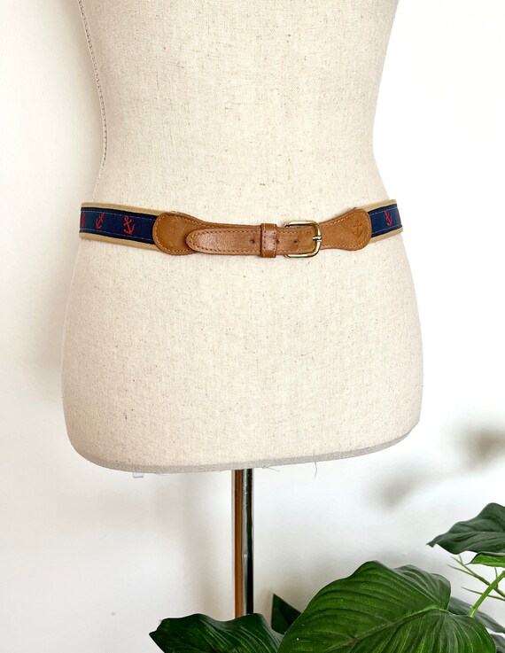 Vintage 1980\'s pale blue grey woven leather nautical preppy Belt Brass buckle 1980s Era Preppy Navy Braided Canvas Leather Brass Mens Belt  main image 4