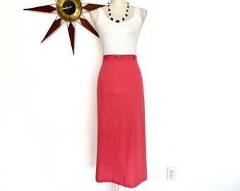 Vintage 90s Linen Look Midi Skirt: Salmon Coral A-Line, XL