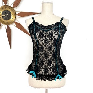 Vintage 1980s Black & Aqua Lace Camisole by Jill Andrea of New York, Corset Style Top, Retro Floral Lace Lingerie Top, Unique 80s Cami, S