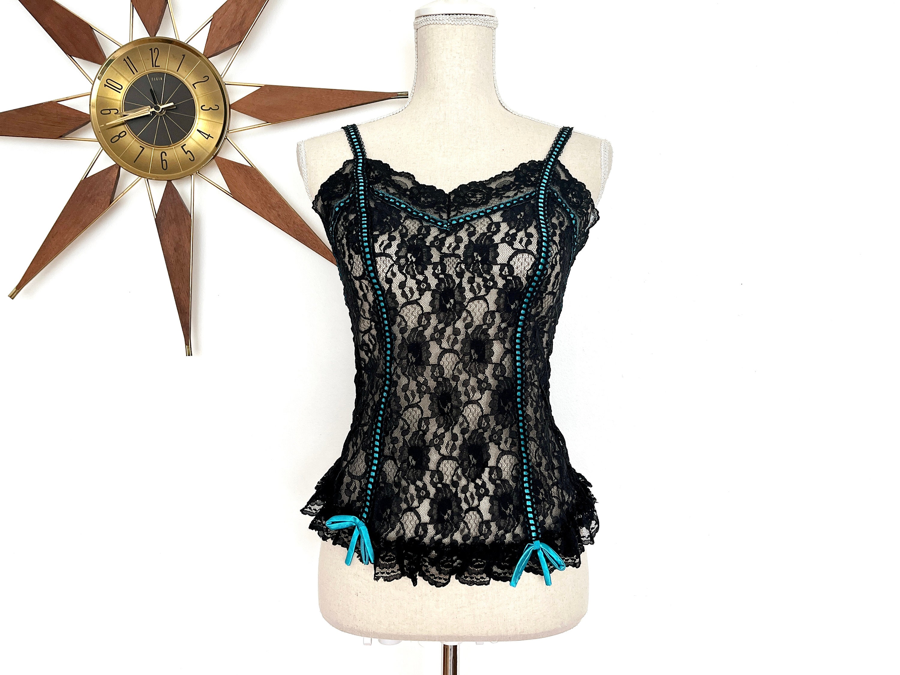 Vintage 1980s Black & Aqua Lace Camisole by Jill Andrea of New York, Corset Style Top, Retro Floral Lace Lingerie Top, Unique 80s Cami, S
