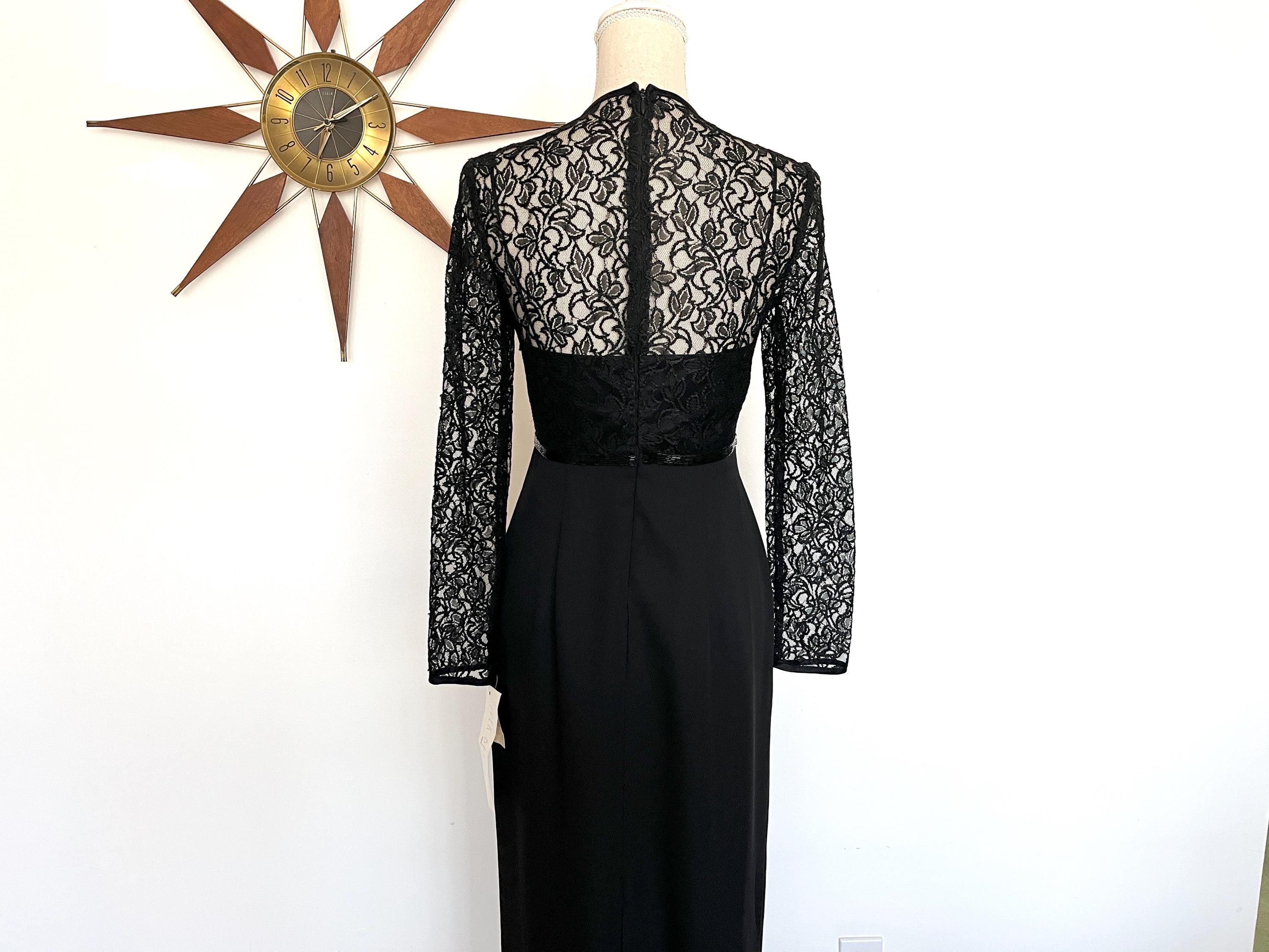 Vintage 90s Long Black Cocktail Dress With Tags, Sheer Lace Top & Beaded  Maxi, Small