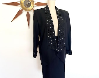 Vintage 1980s Black Rhinestone Skirt Suit, Sparkly Open Blazer & Pencil Skirt, S/M