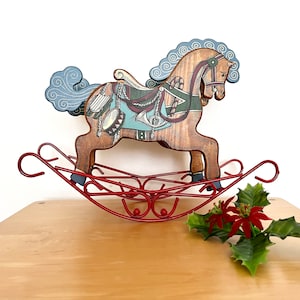 Vintage Wooden Christmas Rocking Horse Decoration by Enesco, Holiday Table Centerpiece, Retro Traditional Christmas Decor, Holiday Display