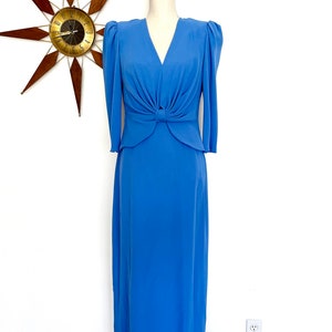 Vintage 1970s does 30s Blue Polyester Crepe Draped Front Cocktail Dress by Miss Elliette, 2 Piece Look, Retro 70s Maxi Dress, Formal Gown, M