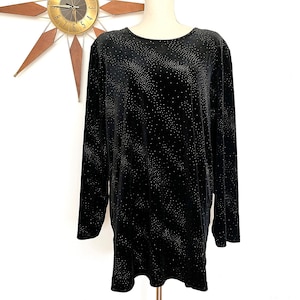 Vintage 1990s Long Sleeve Sparkly Black Velvet Tunic Top by Giorgio Fiorlini Plus Collection, Multicolor Glitter Blouse, 90s Black Shirt, 2X