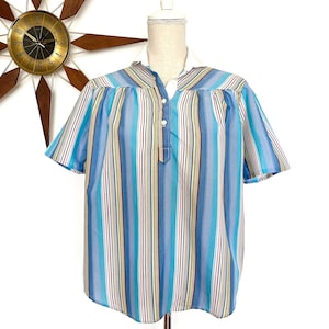 Vintage 1970s/80s Blue Striped Boxy Collared Short Sleeve Shirt by Shapely, Cotton/Poly Blend Multicolor Button Front Top, Summer Blouse, S