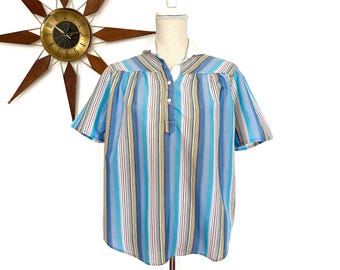 Vintage 70s/80s Striped Blouse, Blue Multicolor Cotton Blend, Size S