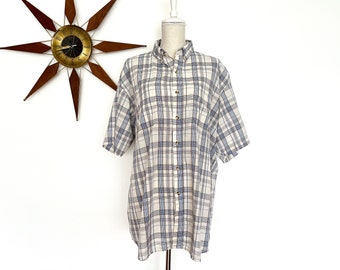 Vintage 1980s McGregor Plaid Men's Shirt, Blue Brown White, Short Sleeve XL