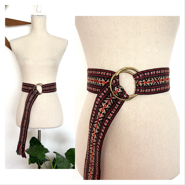 Vintage 1970s Brown Wide Woven Tapestry Double Ring Hippie Belt, Boho Folk Fabric Fashion Belt, Brown Black & Red Belt, Retro 70s Accessory