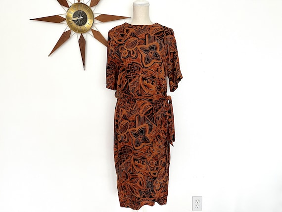 Vintage 1990s Brown & Black Floral Batik Print Fa… - image 1