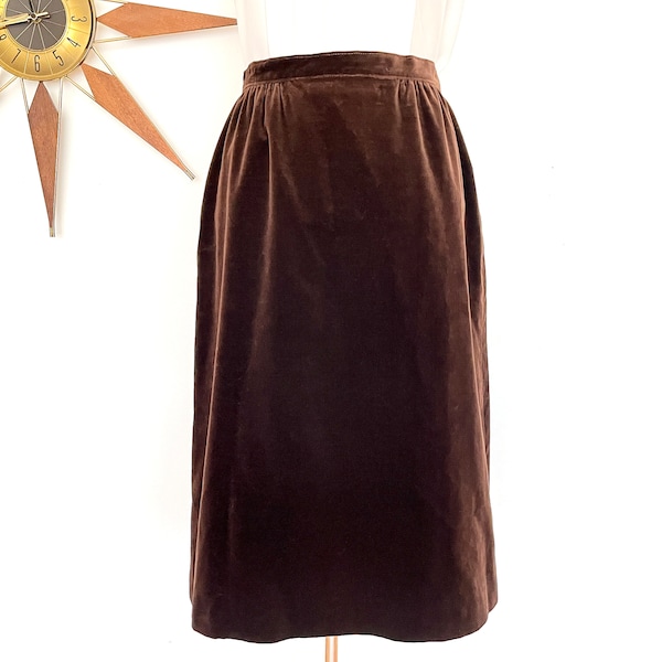 Vintage 1970s/80s Chocolate Brown Velvet Midi Skirt by Turtle Green New York, Fully Lined Fall Winter Skirt, Dark Academia Velvet Skirt, M