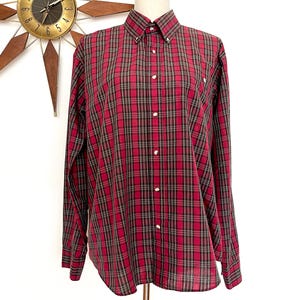 Vintage 1990s Red & Black Plaid Long Sleeve Men&#39;s Button Down Shirt by London Fog, Soft Fall Oxford Shirt, Unisex Classic Plaid Top, L