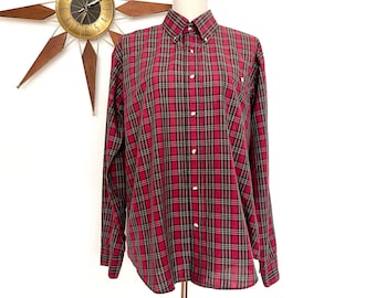 Vintage 1990s London Fog Plaid Button Down Shirt, Red Black Oxford Top, L