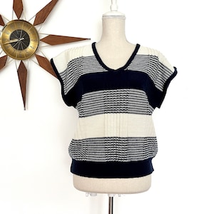 Vintage 1980s Navy Blue & White Striped Sweater Vest by Country Suburbans, Short Sleeve Acrylic Spring Summer Pullover Nautical Sweater, L