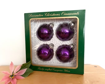 Vintage Sears Purple Glass Ball Christmas Tree Ornaments, Set of 4, Silver Crowns, Made in Germany, Retro Classic Holiday Mantel Decor