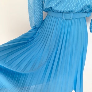 Vintage 1970s Sky Blue Polyester Blouson Midi Dress with Sheer Sleeves, Pleated Skirt, & Matching Belt by Ms. Claire New York, Retro Dress L image 8