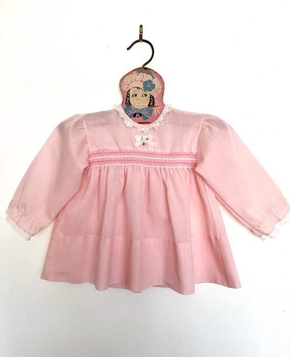 Vintage 1970s Pale Pink Baby Girl Long Sleeved Dr… - image 2