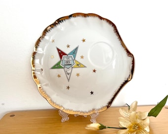 Vintage Lefton Freemason OES Ceramic Snack Plate, Gold Edged Star Decor