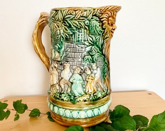 Antique French Majolica Figural Flemish Pitcher with Whimsical Peasant Scene, Frie Onnaing Pottery 714, c. 19th Century Rustic Ceramic Decor