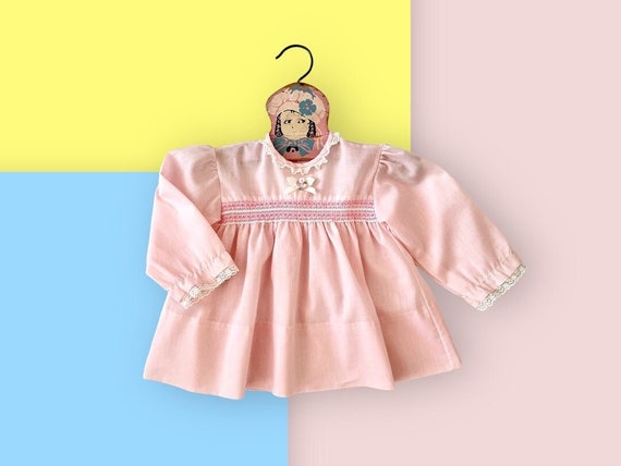 Vintage 1970s Pale Pink Baby Girl Long Sleeved Dr… - image 1