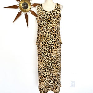 Vintage 1990s Leopard Print Sleeveless Maxi Dress by Stacey Tyler, Tank Style Dress with Attached Blouse, Chic Boho Summer Fall Dress, L