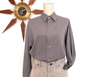 Vintage 1980s/90s Men's Gray Striped Button Down Shirt, Long Sleeve Rayon, L