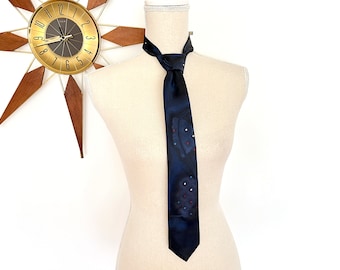 Vintage 1980s Blue Black Abstract New Wave Tie by Bugle Boy, Geometric Shapes Necktie, Skinny 80s Tie, Men's Retro Accessory, Neckwear Gift