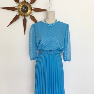 Vintage 1970s Sky Blue Polyester Blouson Midi Dress with Sheer Sleeves, Pleated Skirt, & Matching Belt by Ms. Claire New York, Retro Dress L image 2