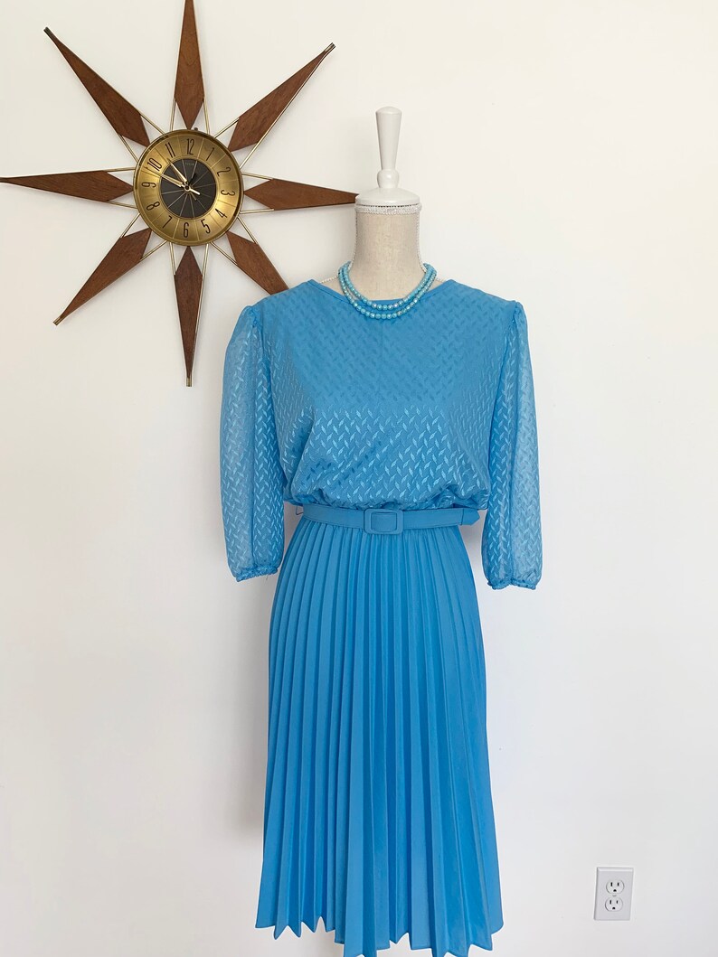 Vintage 1970s Sky Blue Polyester Blouson Midi Dress with Sheer Sleeves, Pleated Skirt, & Matching Belt by Ms. Claire New York, Retro Dress L image 2